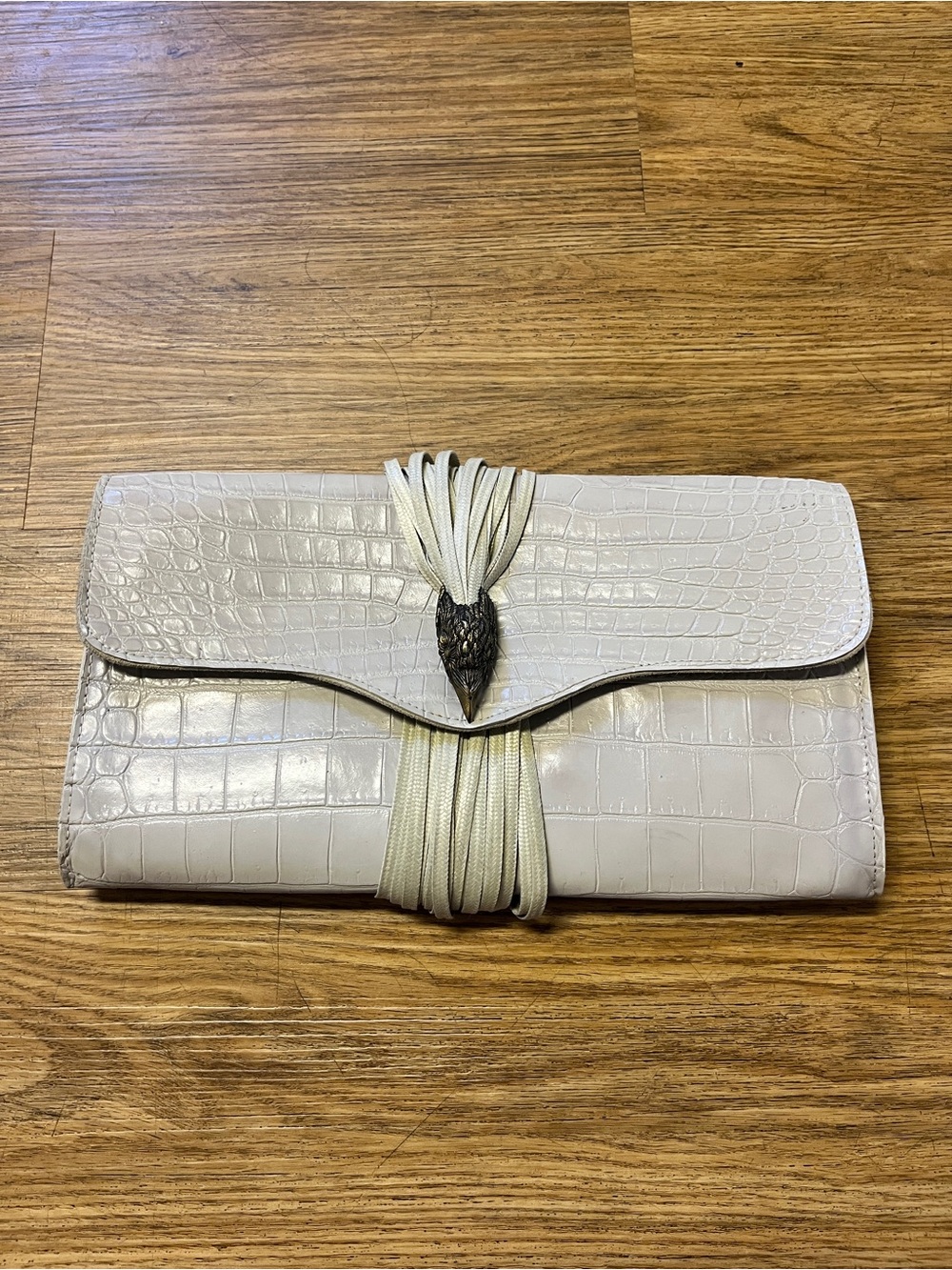 Raven Kauffman Grey Croc Embossed Leather Clutch Bird Head Clasp Tassel
